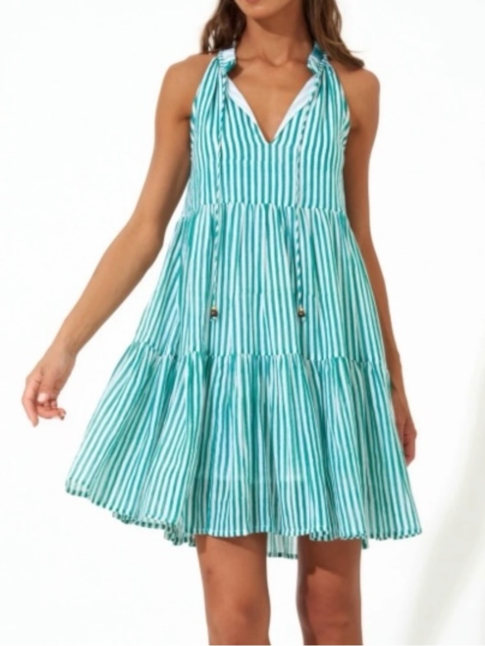 NEW Oliphant Sleeveless Tiered Cotton Voile Short Mini Dress Playa Green Size M